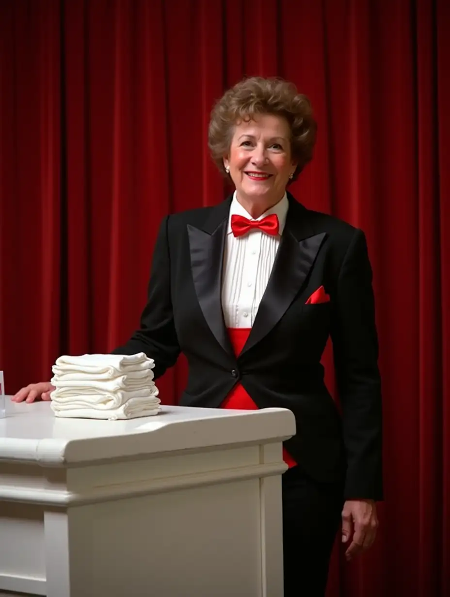 (photo realistic), (sweet laughing older-aged larger plump full-figured body type with large wide hips)) ((Caucasian female woman)), ((with short light brown curly 1980s hair with curly bangs)), (wearing a very formal orchestra concert tuxedo) with ((black long sleeve high cut cropped Eton jacket)), ((((white tuxedo shirt, with tight high standing wingtip collar, and many thick vertical pleats front)))), (((red diamond point bow tie with red thick adjustable neckband))), red cummerbund, ((black tight high cut spandex briefs)), nylons, ((looking at viewer, standing by a white padded changing table while presenting a stack of large bright white folded plastic backed disposable diapers in her hand)), ((with a large sized white and red plastic rounded box package of Huggies Diapers on the changing table)), on stage with a red curtain backdrop, for a magic show, front view.