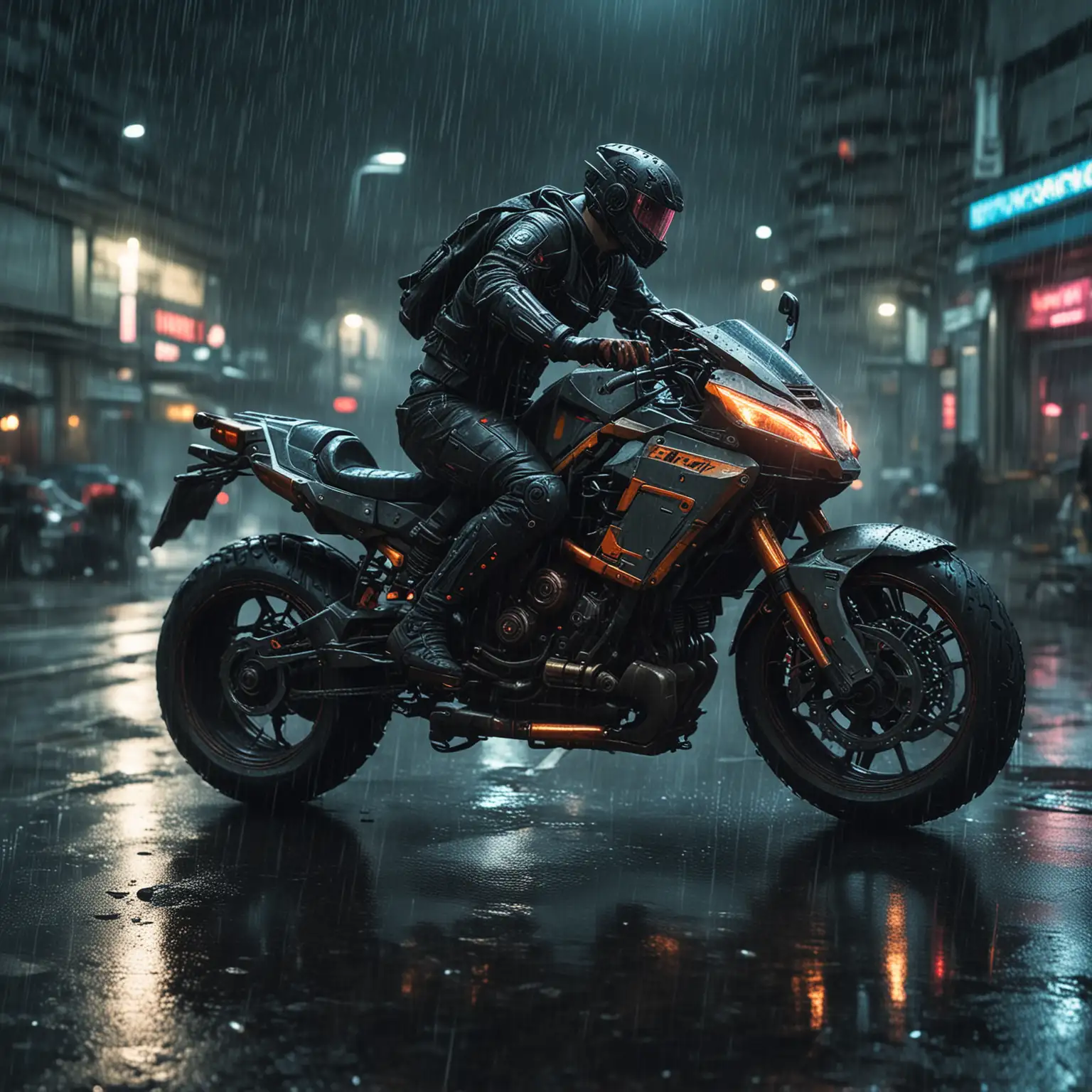 Cyberpunk-Scene-with-Large-Bike-in-Night-Rain