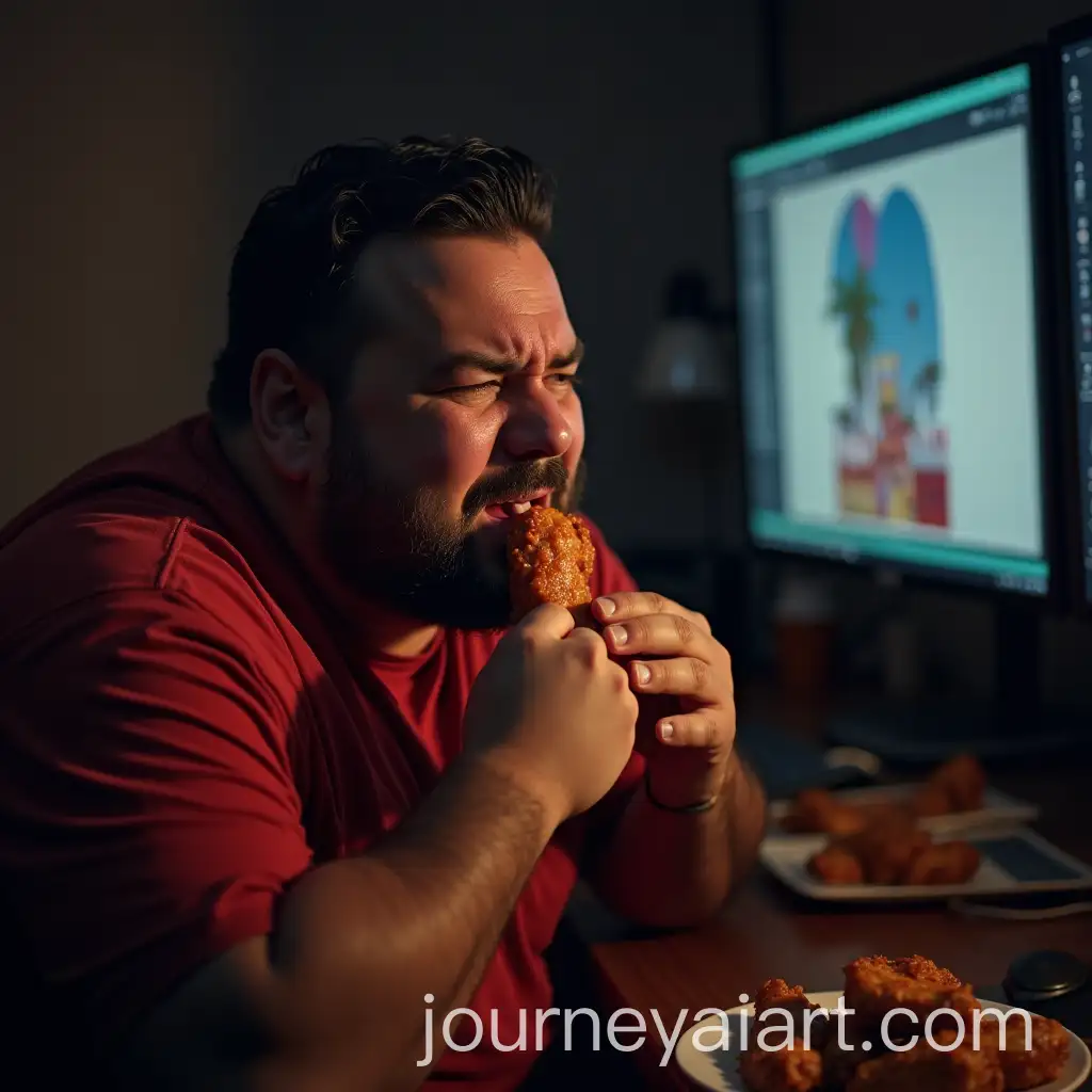 Fat-Algerian-Man-Crying-While-Eating-Chicken-Wings-in-Front-of-Monitor