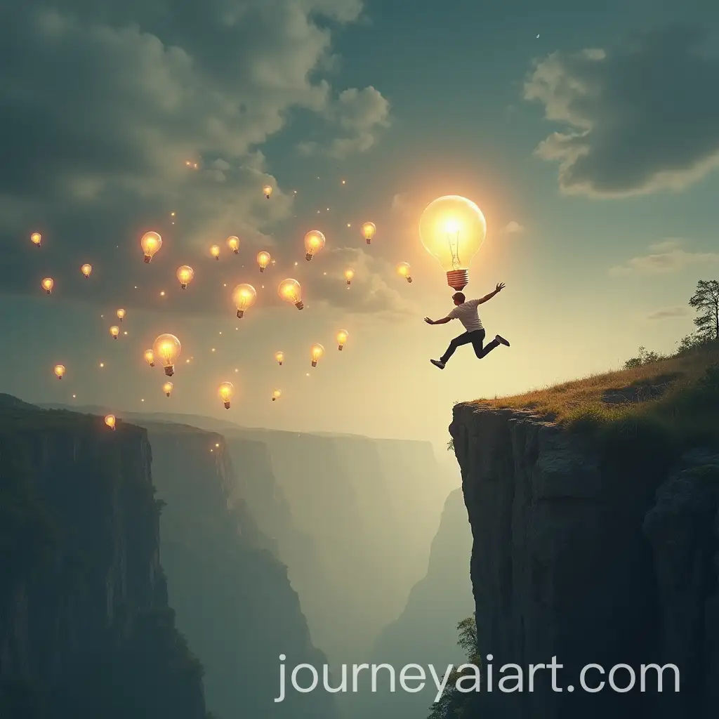 Man-Falling-from-Cliff-Carried-by-Flying-Lightbulbs-with-Wings