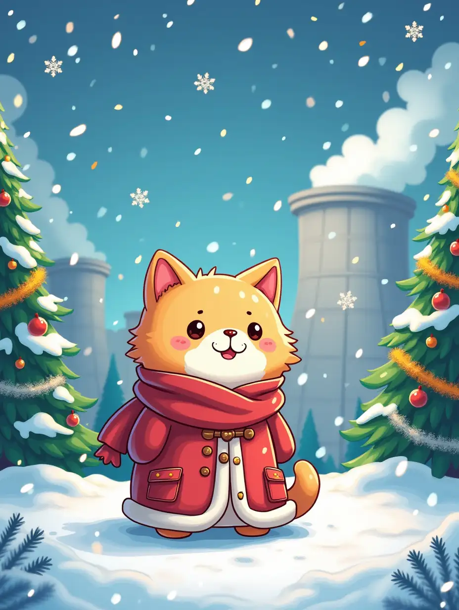 kawaii festive nuclear power plant in the atmosphere of Christmas, Cute kawaii engineer shaggy cat in front, around snow, large  snowflakes, festive with confetti and tinsel fir trees and colorful garlands, paint in cartoon anime style