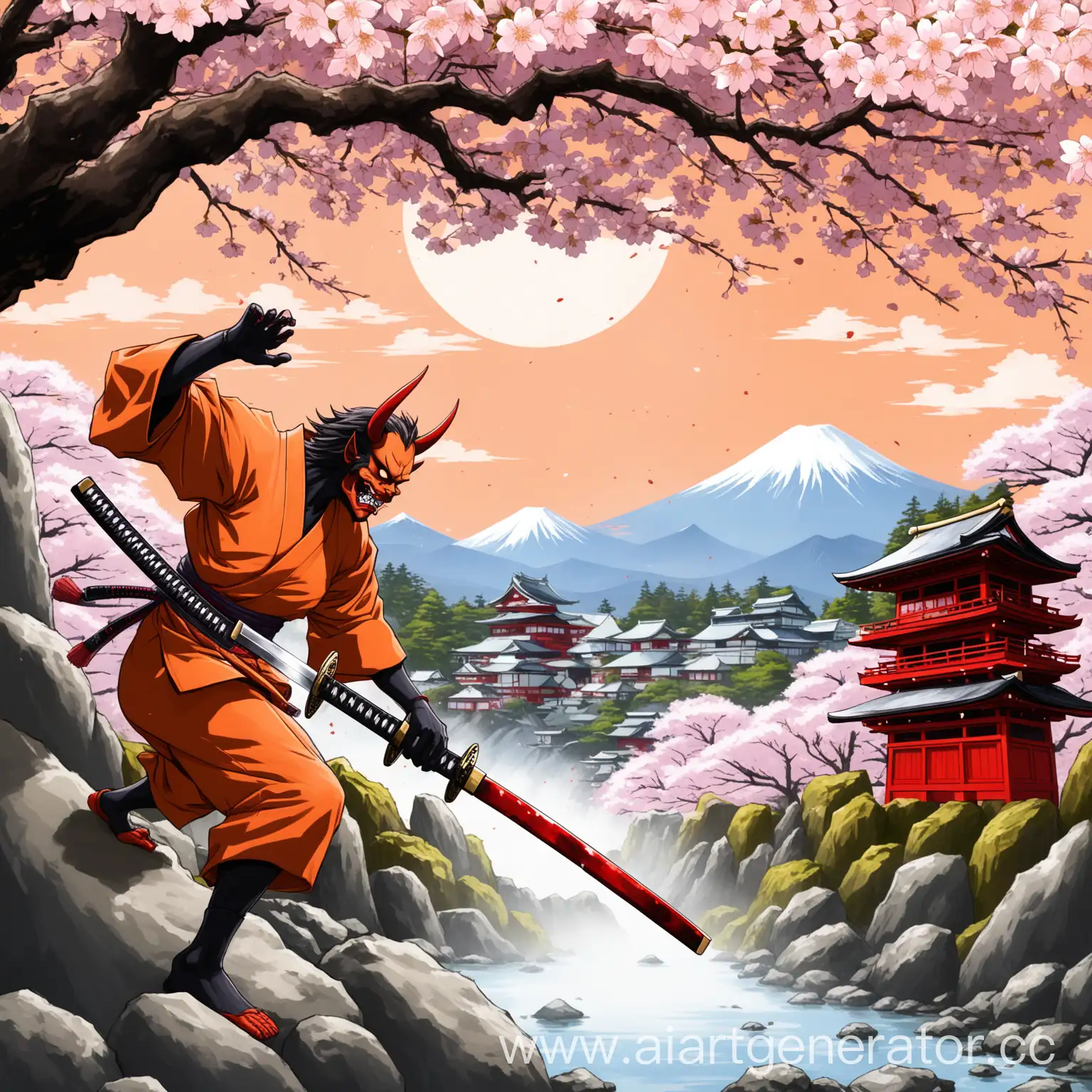 Japanese-Demon-Katana-Slices-Orange-in-Sakura-Landscape