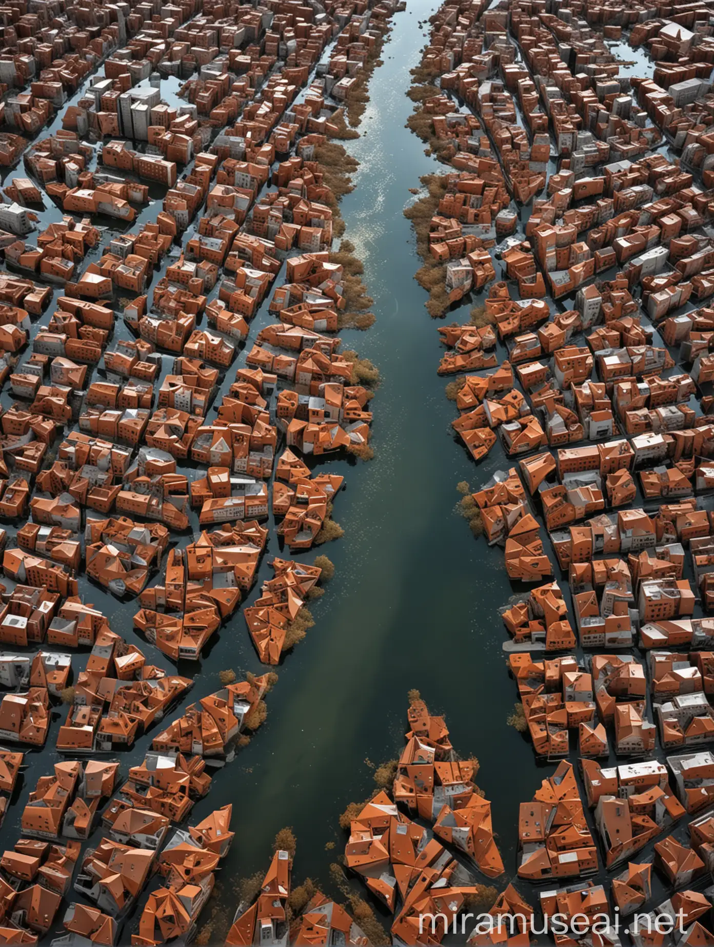 Gigantic Parametric Transparent and Corten Steel Urban Flooded Landscape in Libeskind Style