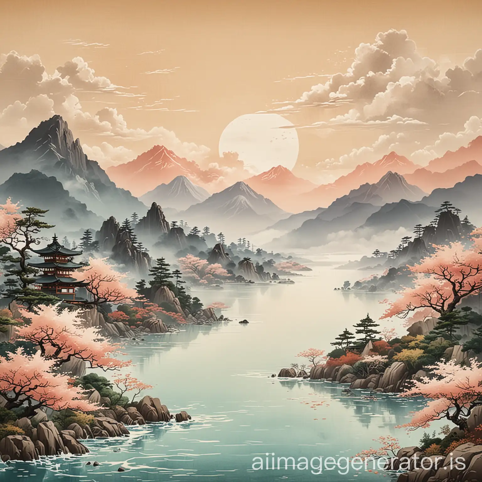 Distant mountains, clouds and water in soft color Japanese art style