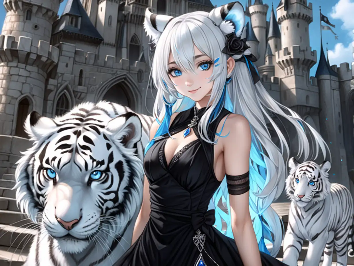 (((beautiful black dress))), ((mage cute sexy woman)), ((white tiger ears)), white long hair, black freckles, (blue eyes), ((without humans ears)), Affectionate smile, ((beautiful cute face)), dark castle,