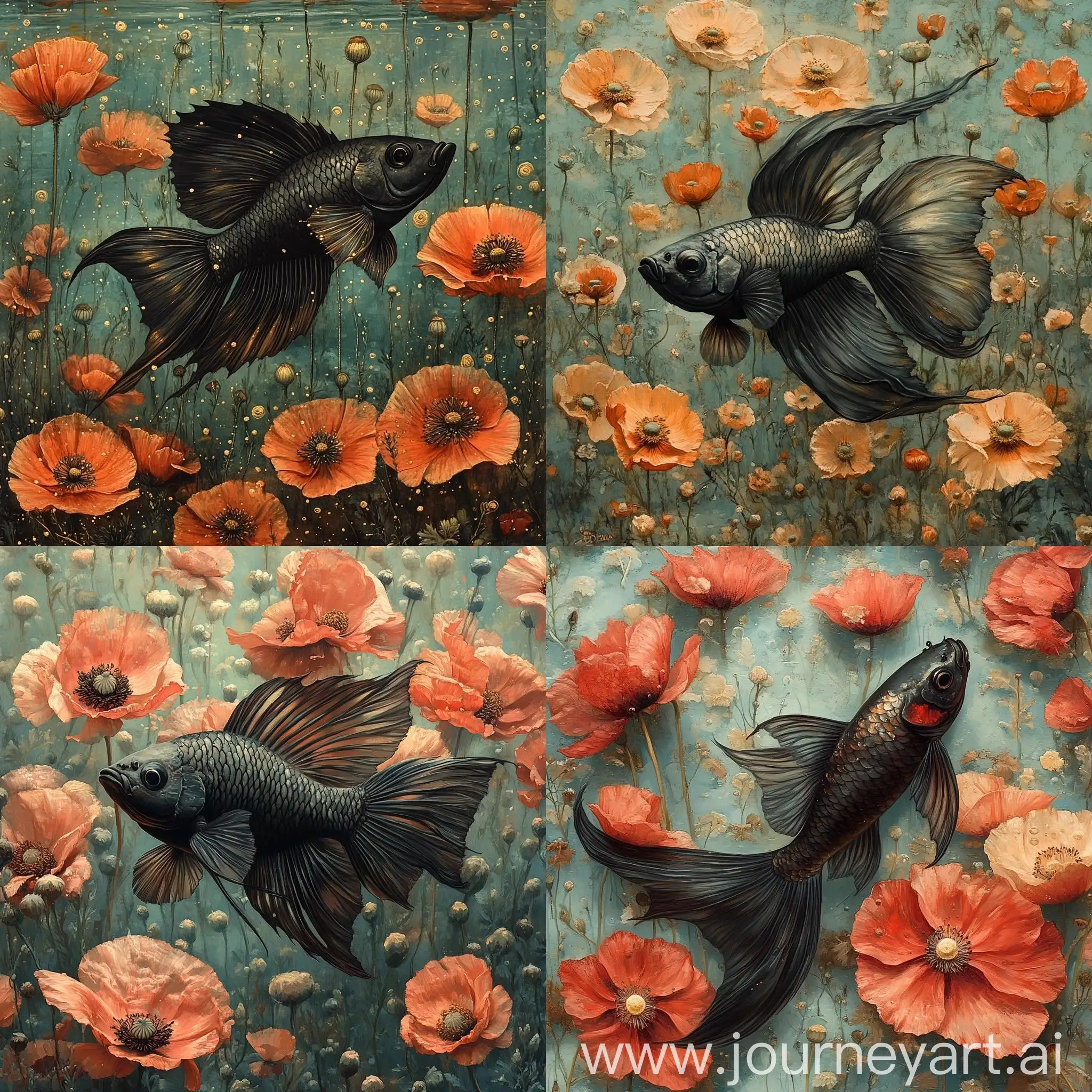 Gothic-Veiltail-Fish-Swimming-Among-Giant-Poppies-in-Turquoise-Water