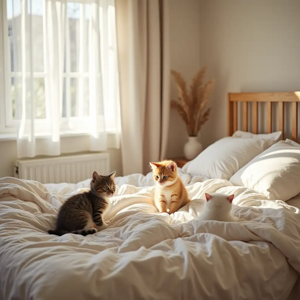 Cozy-Bedroom-with-Big-Bed-and-Three-Playful-Kittens