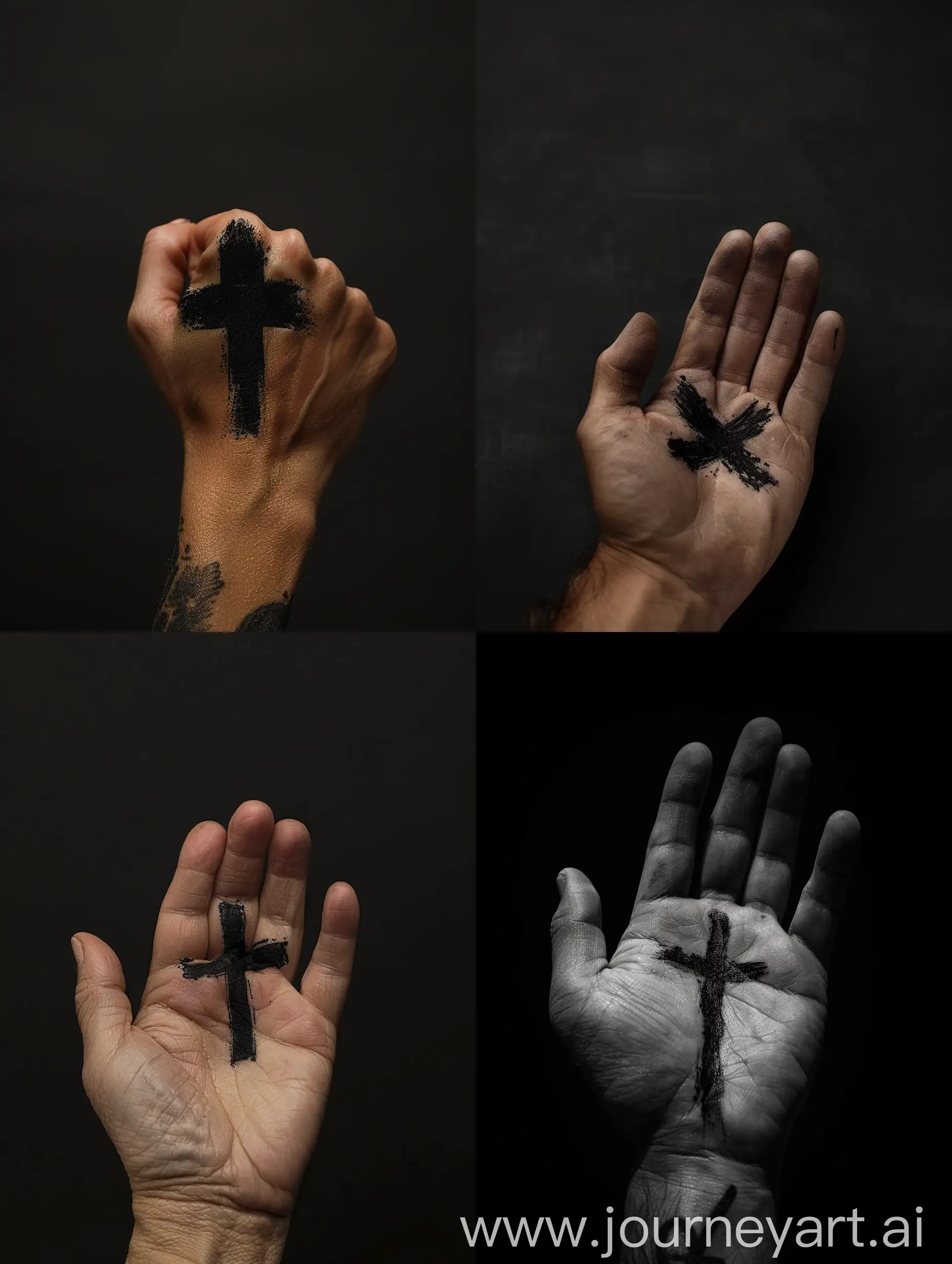 Person-with-Small-Black-Cross-on-Hand-Against-Black-Background