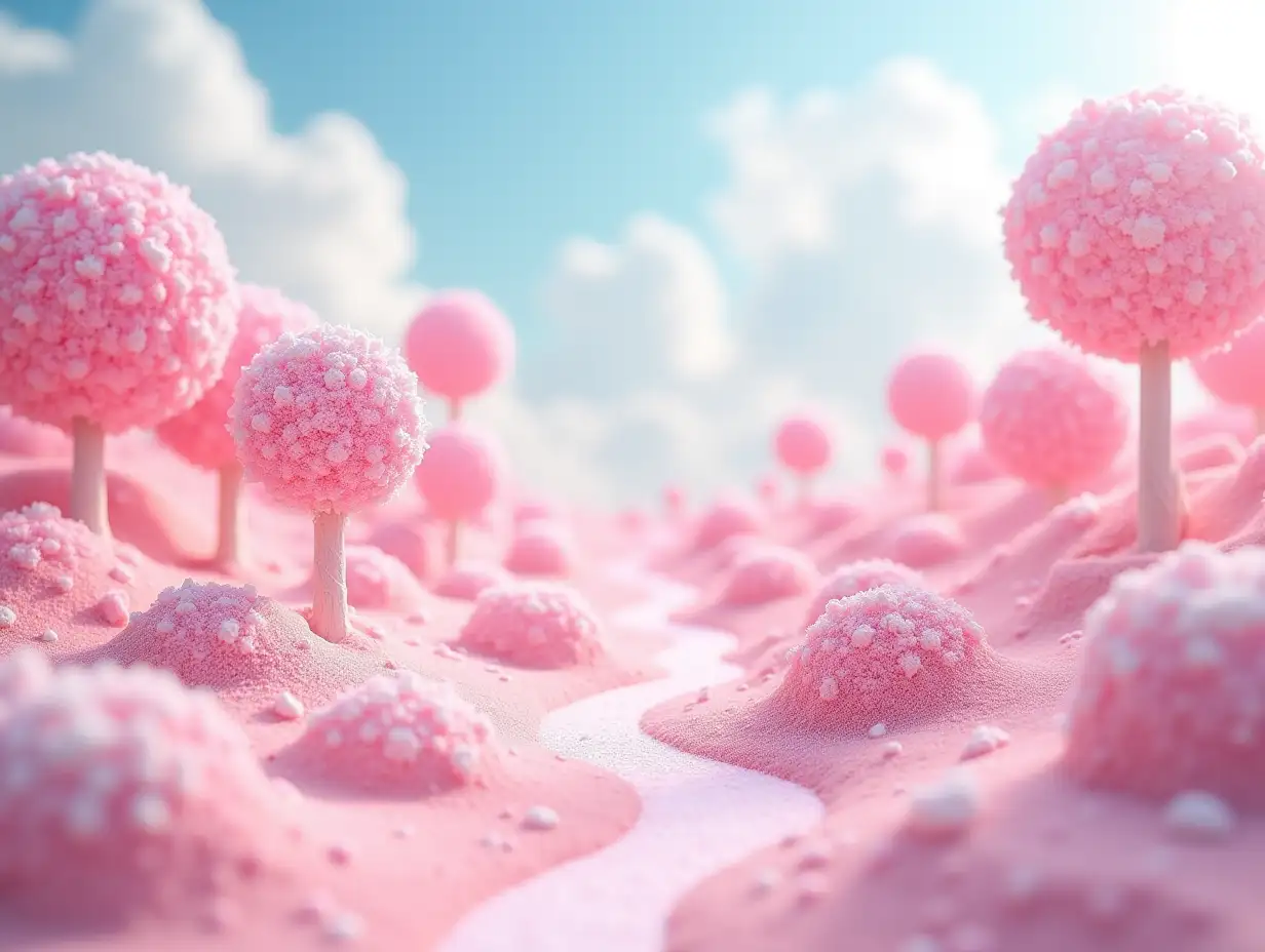 Whimsical candy landscape with pink lollipop trees, surrounded by candy-shaped mounds under a cloudy sky, fantasy world.