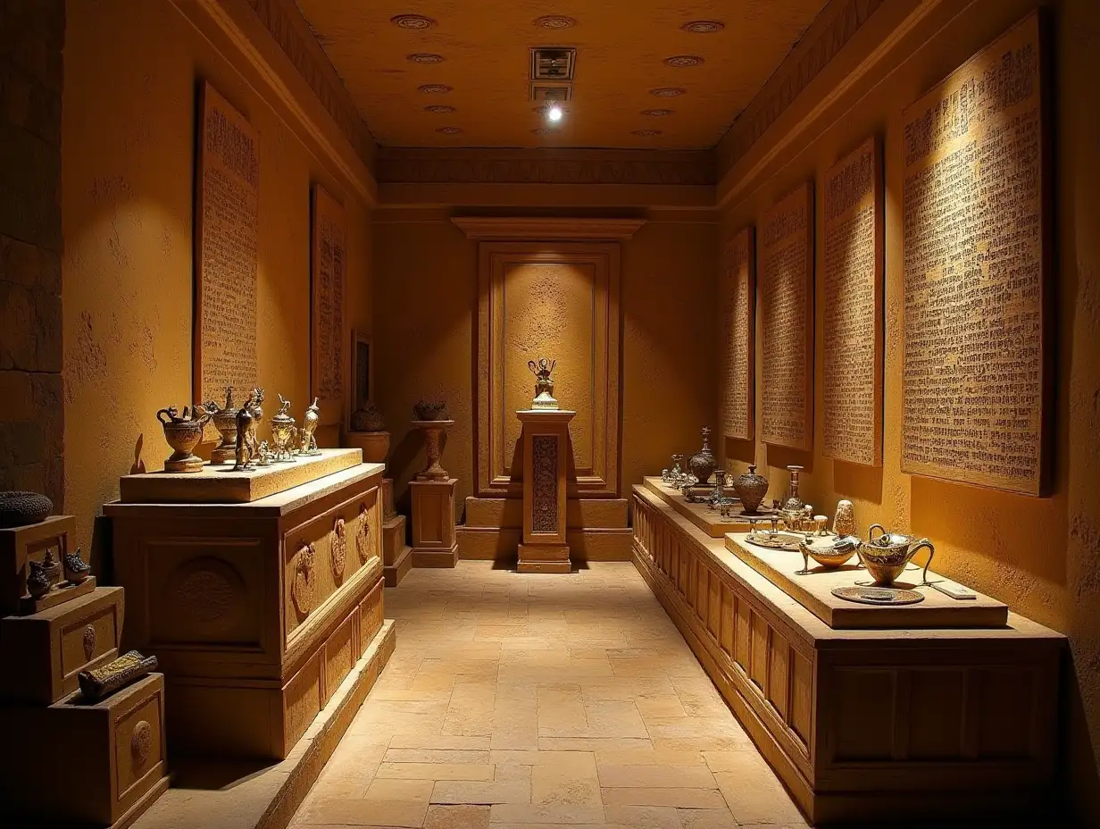 Ancient Egyptian tomb chamber of a Pharaoh full of treasures and grave goods