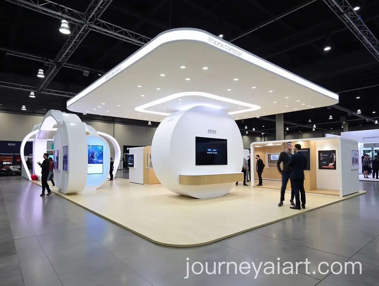 Modern-Exhibition-Booth-with-Flowing-Roof-and-Interactive-Displays