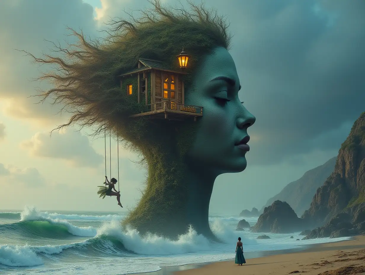 Face with hair transformed into a tall building with a terrace with a lantern and hanging swing with a fairy on the beach with large stormy waves and clouds