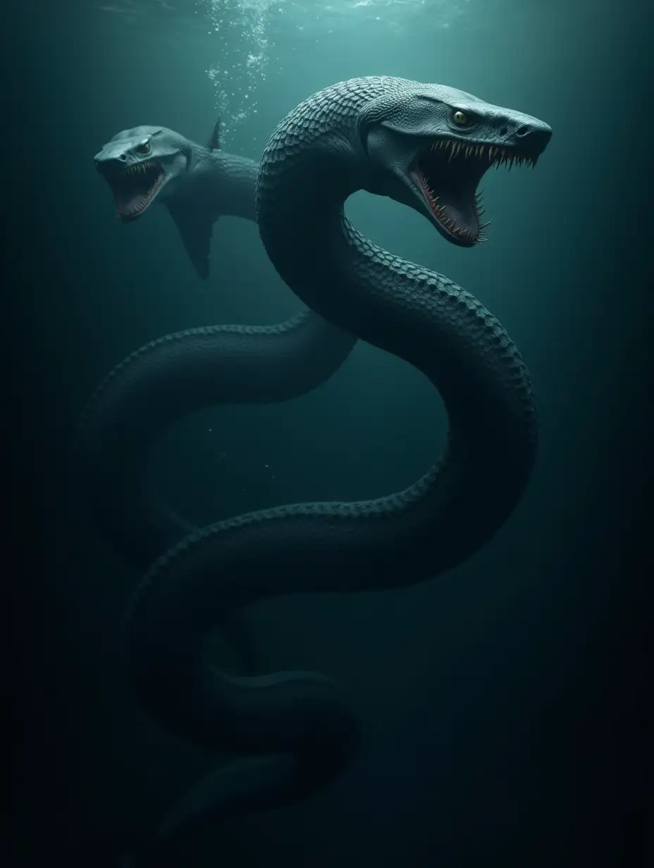 A terrifying hybrid creature combining the features of a shark and a giant snake. The creature has the sleek, muscular body of a massive serpent, covered in dark, scaly skin with a glossy, almost wet texture. Its head is that of a great white shark, with rows of razor-sharp teeth and piercing, predatory eyes. Along its long, sinuous body, faint bioluminescent patterns glow eerily in the dark depths of the ocean. The creature moves fluidly through the deep sea, its enormous coiled body twisting like a serpent while its powerful shark-like jaws remain ready to strike. The background is a deep, mysterious ocean trench, with eerie lighting and drifting particles in the water.