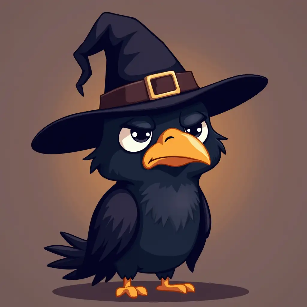 sad cartoon raven with a witch hat