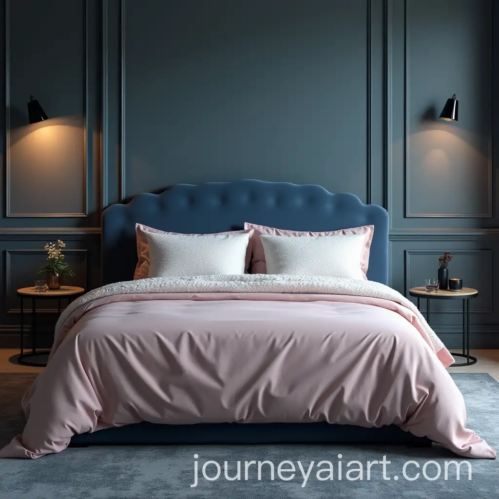 Modern-Italian-Bedroom-with-Blue-Velvet-Bed-and-Pastel-Pink-Bedding