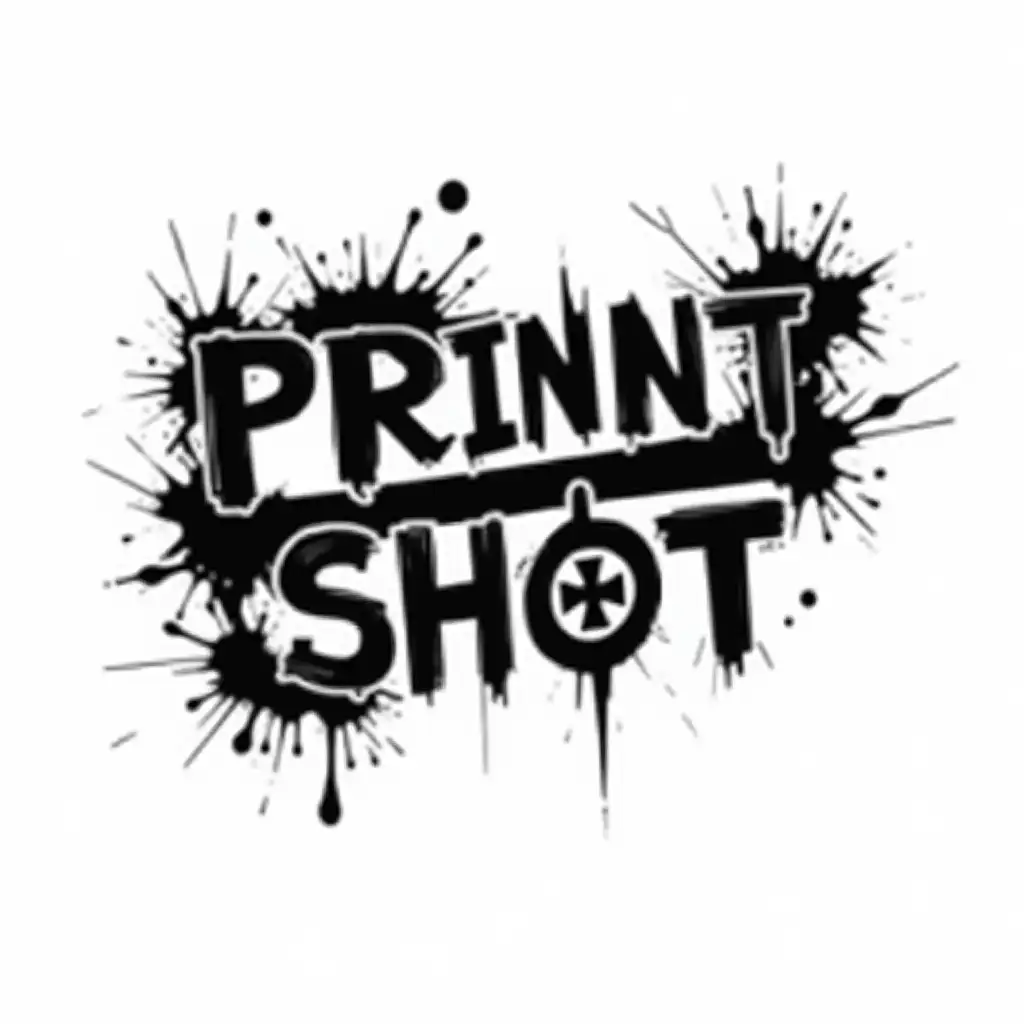 Bold and stylish black and white logo for the streetwear and print brand on request 'PrintShot'. The word is divided into two lines: 'PRINT' at the top and 'SHOT' at the bottom. The font is clean, sans-serif and bold, like Montserrat or Helvetica. Both words are crossed by a dynamic diagonal marker line, while the letters are slightly damaged, for example, they look torn or splattered at the point of impact. The place where the bullet was fired and its exit is visible. The text is framed by splashes of paint with sharp edges that create movement and energy, but the text remains fully legible. Only monochrome, high-contrast, vector style designed to work with small tags and bold font.