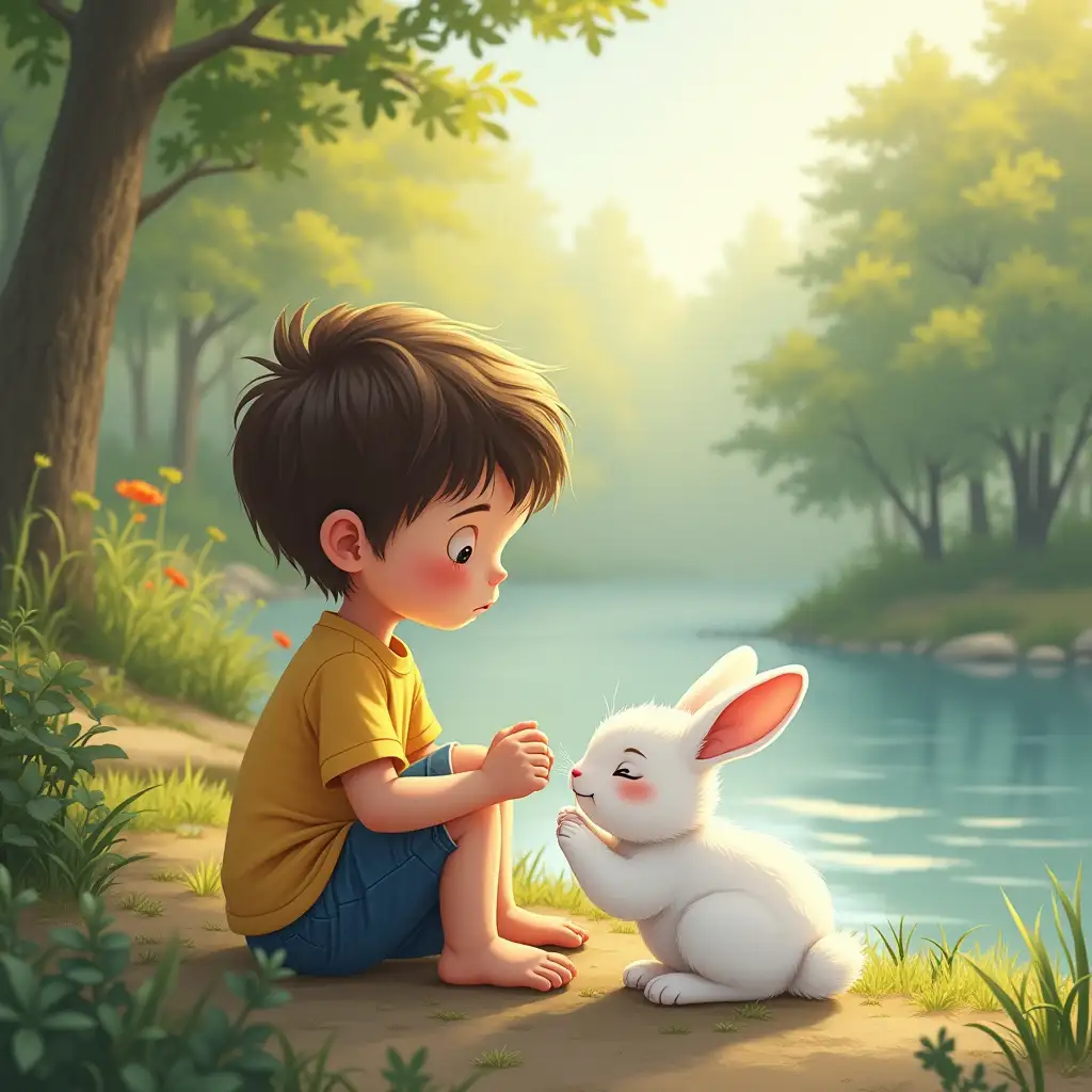 A little boy was sitting sadly by a small river, alone. Then, a little white rabbit came to him. The boy lovingly lifted the rabbit. When the rabbit felt that the boy was sad, it started making funny jumps. Sometimes, it would jump and sometimes get playful with the boy's hands. Gradually, the boy started smiling. The rabbit became his new friend. Everyday they play, run around and have fun together. The boy realized, true friendship comes from heart, whether it is a human or a cute little rabbit!