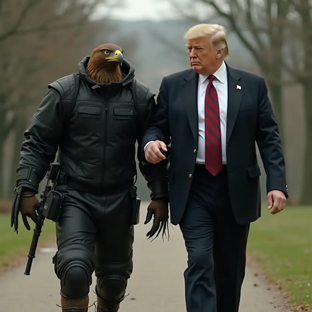 Create a video of TRUMP walking with a hawk, like two friends. The hawk is dressed in black and carrying a gun