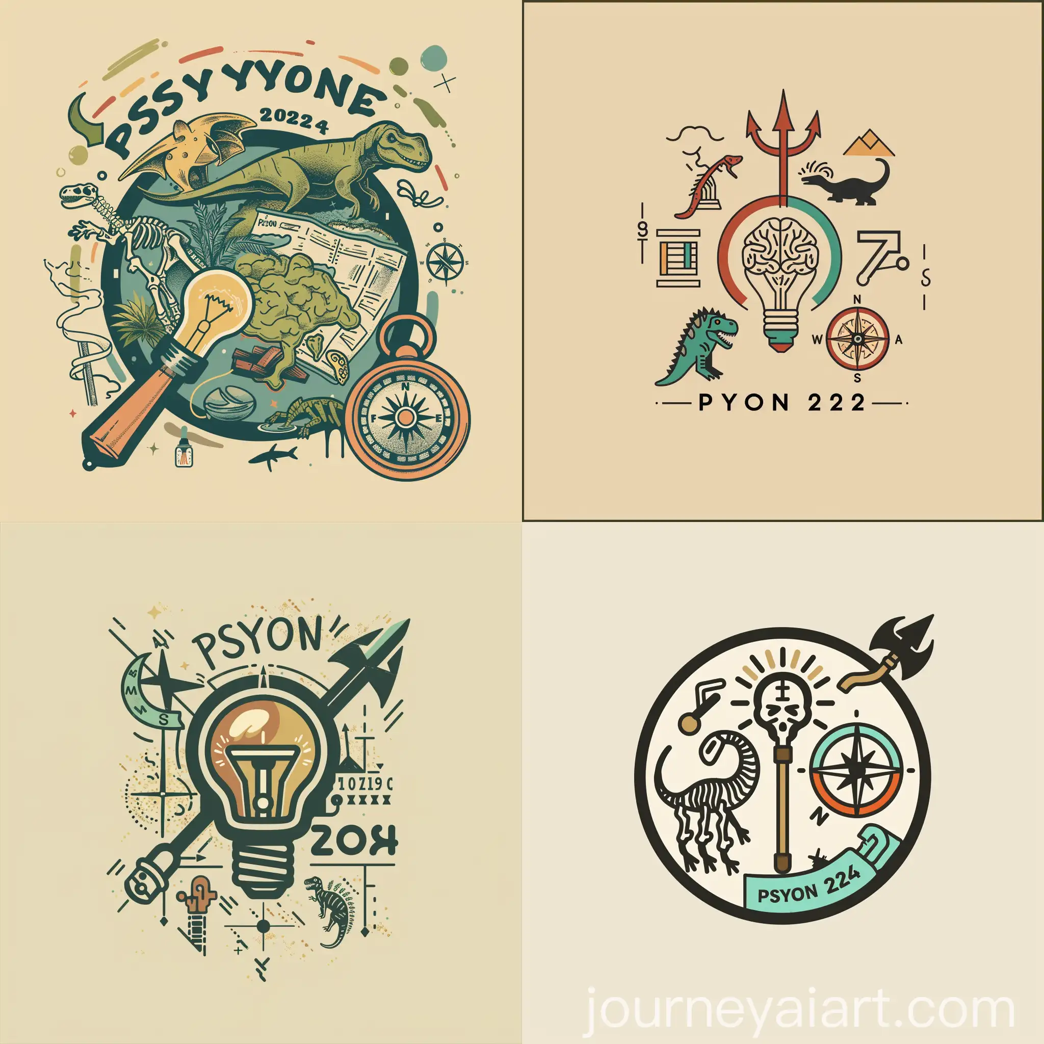 Archaeologist-Logo-with-Bulb-Trident-Brain-Map-Compass-and-Dinosaur-Skeleton