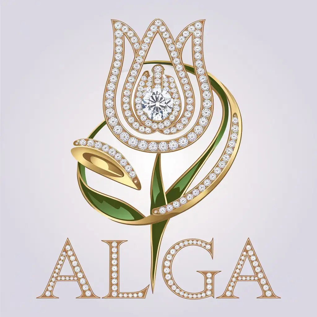 LOGO-Design-for-ALGA-Elegant-Tulip-and-Diamond-with-Gold-Ring-Symbol-in-Jewelry-Industry