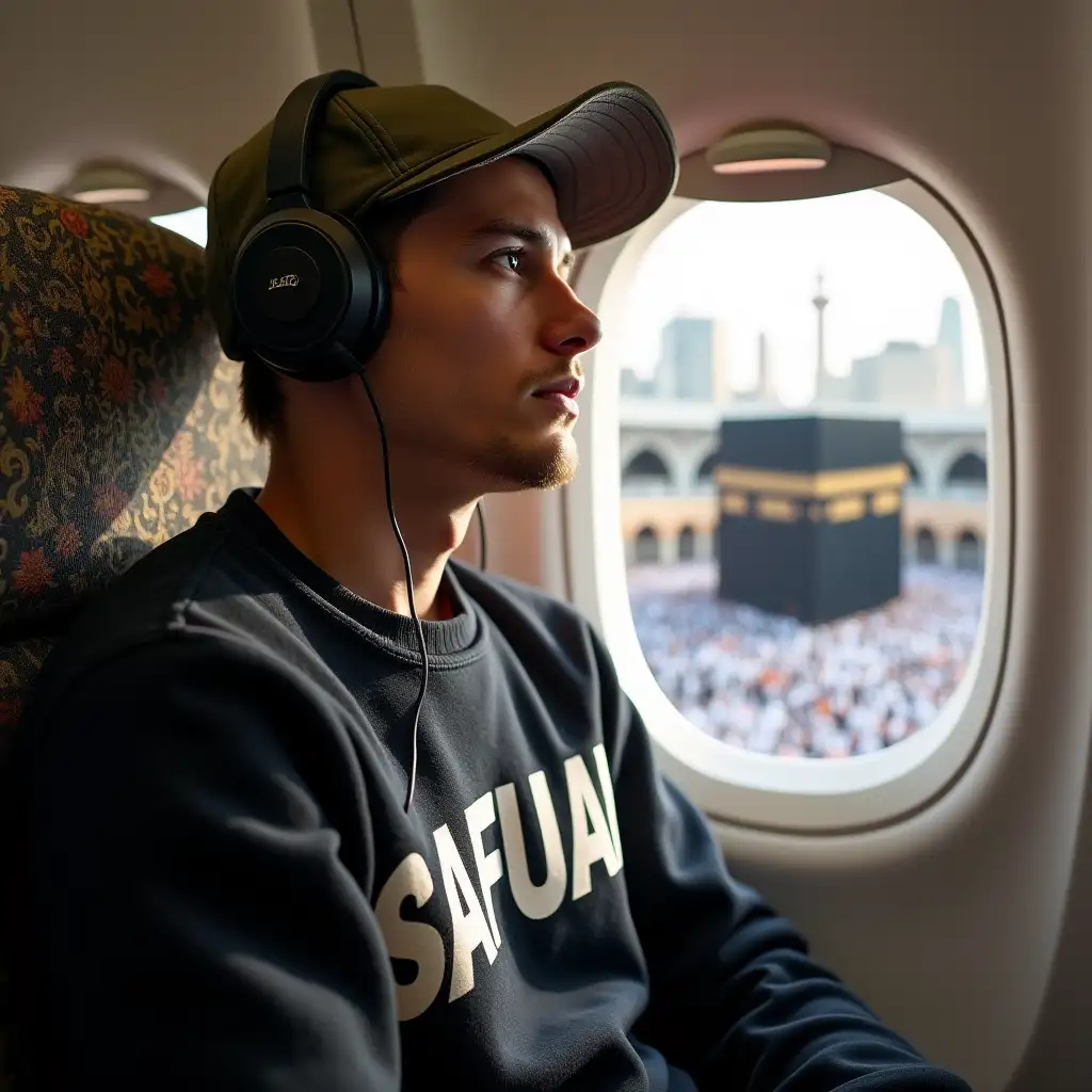 A 25 years old young man wearing a cap and a sweatshirt with 'SAFUAN' written on it, sitting in an airplane seat, looking out of the window. Outside the airplane window, the view shows the Kaaba in Mecca surrounded by pilgrims. The scene captures a serene and reflective moment, with the man listening to music on headphones. The airplane interior is detailed, including an ornate headrest cover. Bright daylight illuminates the scene