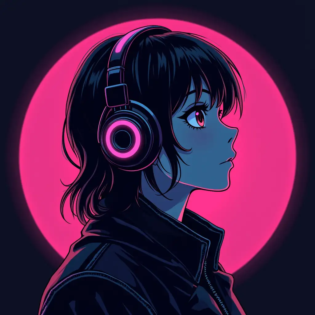 cyberpunk anime face outline image with headphones, cyberpunk atmosphere, clean background, round neon on the background, stylish design