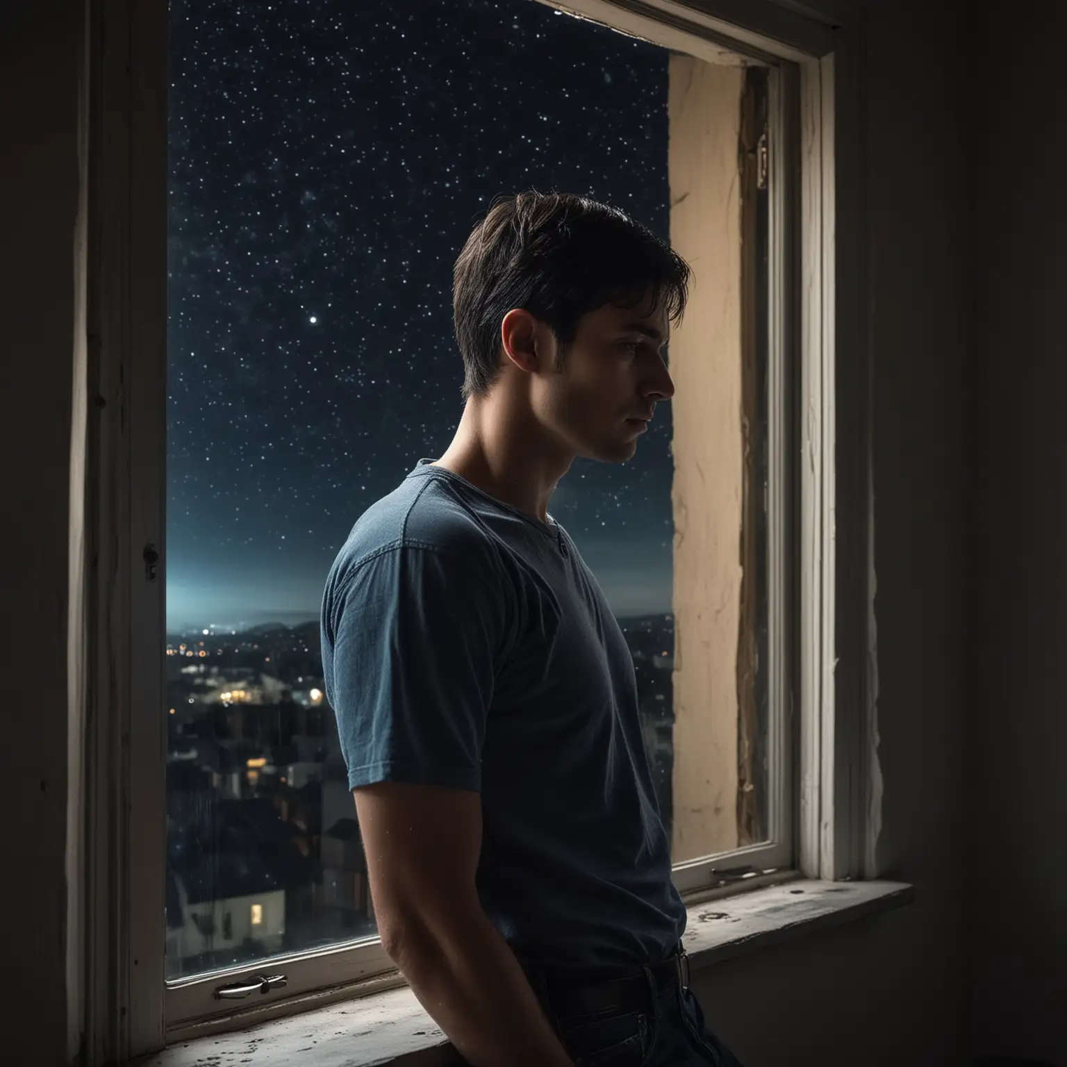 Create a highly realistic, low-light image of a clean-shaven man with medium-length black hair. The camera should be positioned directly behind the man, angled slightly downward to capture him from his back as he leans gently against a window at night. The focus should be on the man’s profile, specifically his medium-length black hair, which should be clearly discernible in the faint light. The man is gazing out through the window toward a deep blue night sky. The lighting in the scene should be very dim, with only a faint, cool blue glow emanating from outside the window to provide minimal illumination. This glow should subtly highlight the man's hair and cast soft, barely noticeable shadows on his back and the window frame. Ensure the window reveals a dark, serene sky dotted with faint stars and devoid of city lights, emphasizing the tranquil beauty of the night. The man is dressed casually in a loose t-shirt and jeans, which should be rendered in muted tones to blend with the low-light setting. The overall dark blue tint of the night should reflect a calm, introspective mood, capturing the profound solitude of someone deeply absorbed in thought while looking out at the expansive, starry sky.