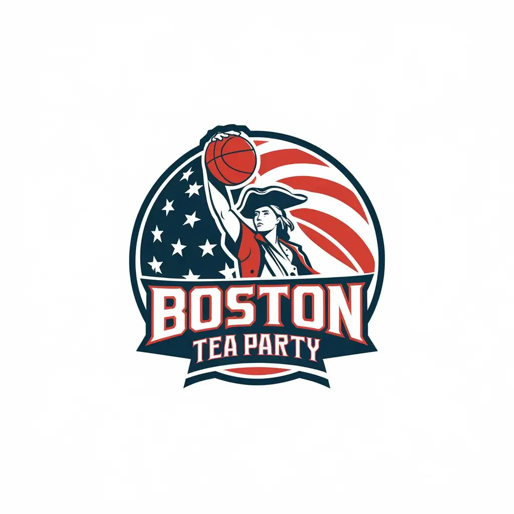 LOGO Design for Boston Tea Party Women Dunking a Basketball in Revolutionary Garb with Red Blue and White Colors