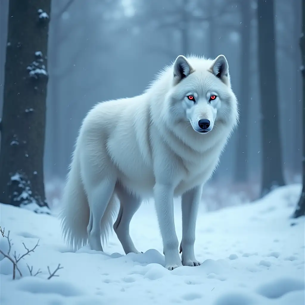 a white wolf with red eyes standing in the snow, fantasy art, gothic art, by Anne Stokes, white wolf, a white wolf, white wolf with blue eyes, fantasy wolf portrait, dire wolf