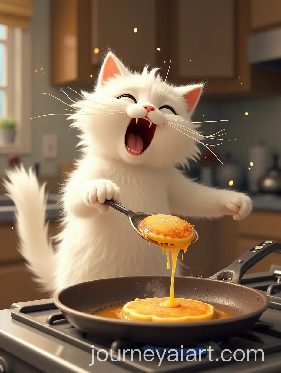 Fluffy-White-Cat-Panics-in-Chaotic-Kitchen-as-Pancake-Falls