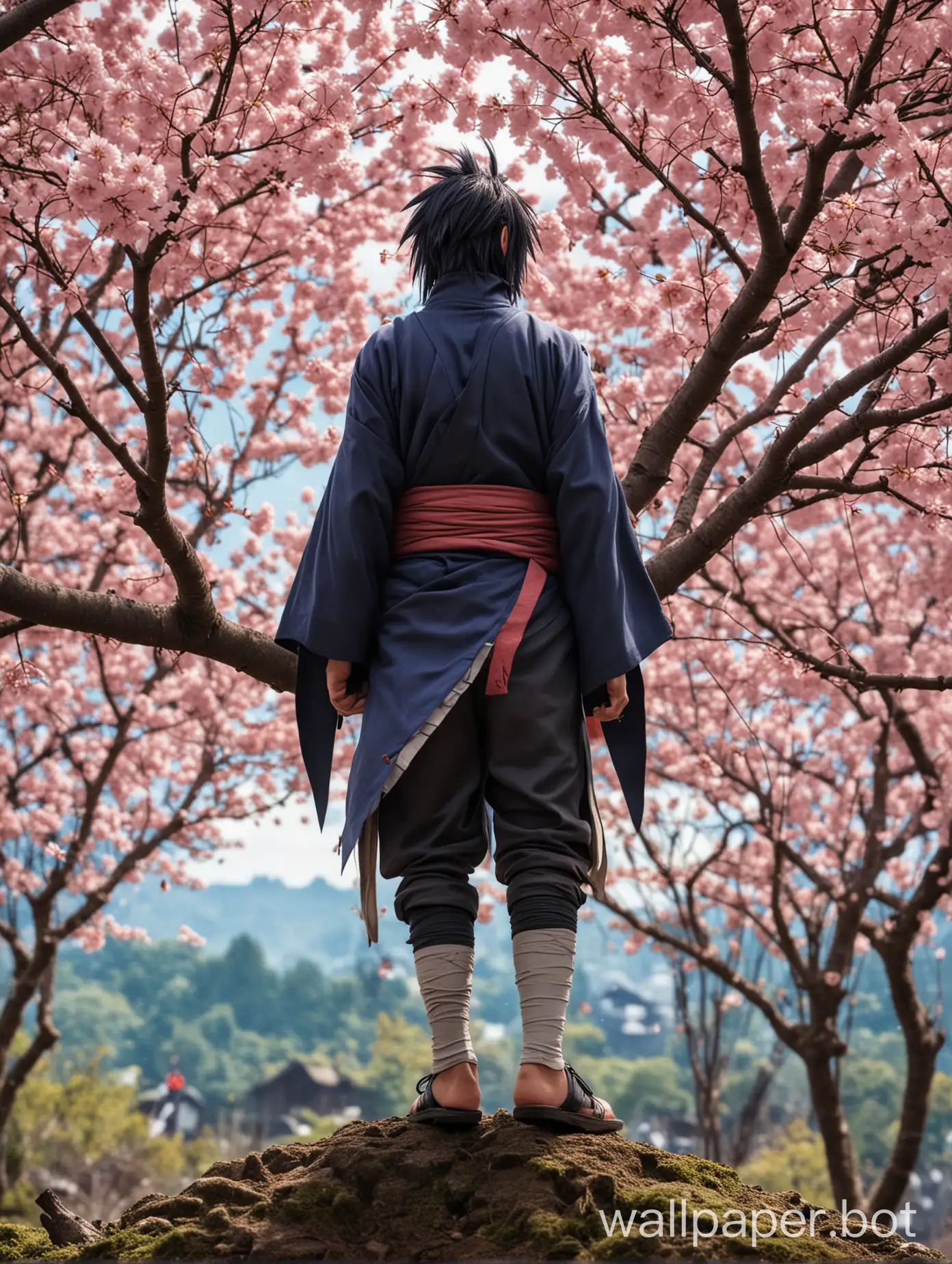 Sasuke Uchiha from the back on a cherry tree