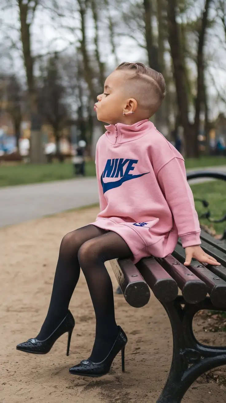 little young boy wear pink nike pullover and black sheer tights and black high heels and sitting on a park bench and kiss
