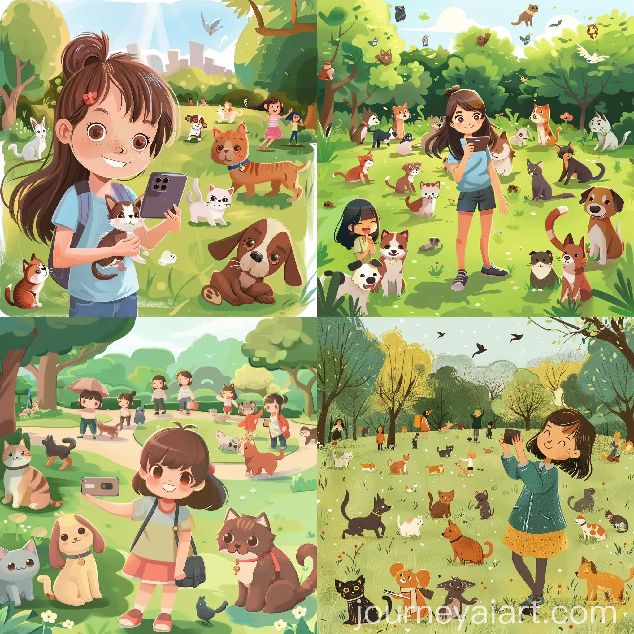 Girl-Taking-Selfie-in-Park-with-Cats-Dogs-and-Children