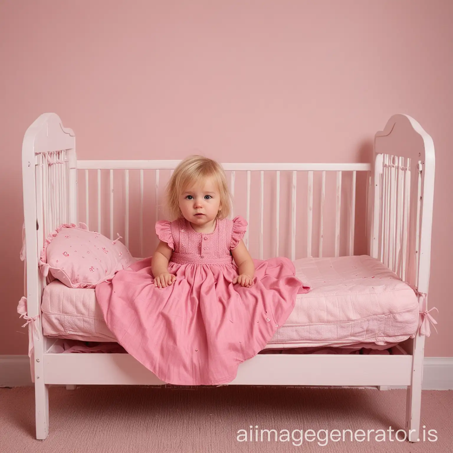 Short tiny small little baby girl with long blonde and pink dress on and with feets sleeping on Pink Cot