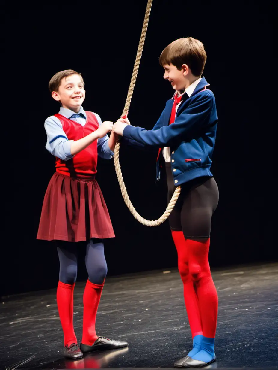 13-year-old boy plays with his classmate in school theater performance 'Robbers'. Boy in ballet tights red knee-high socks, blue jacket hands behind back, smiling, medium length thin hair, another boy stands behind him with a rope in hand