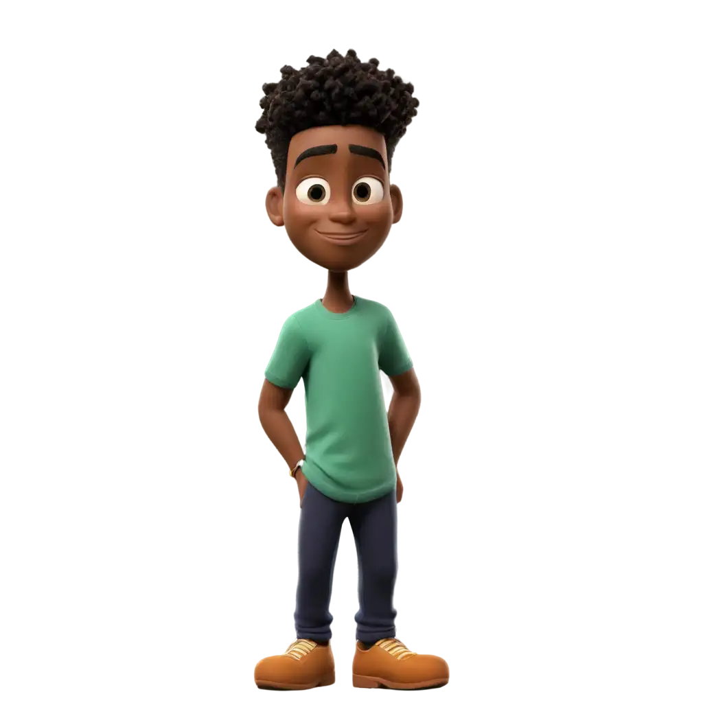 Young-Black-Man-with-Dark-Green-TShirt-on-PC-in-Disney-Pixar-Style-PNG-Image