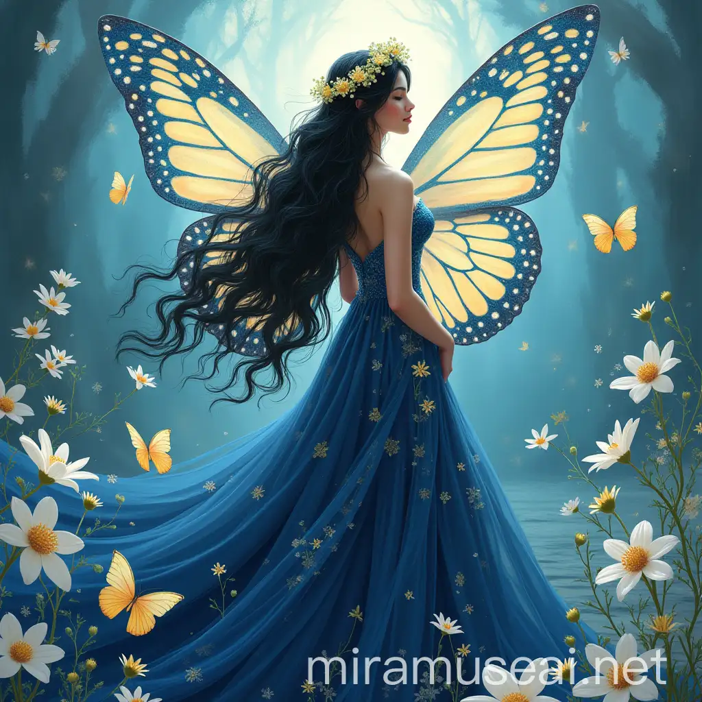 Fantasy Queen Wearing Elaborate Butterfly Crown and Embroidered Wedding Dress in Magical Wave Setting