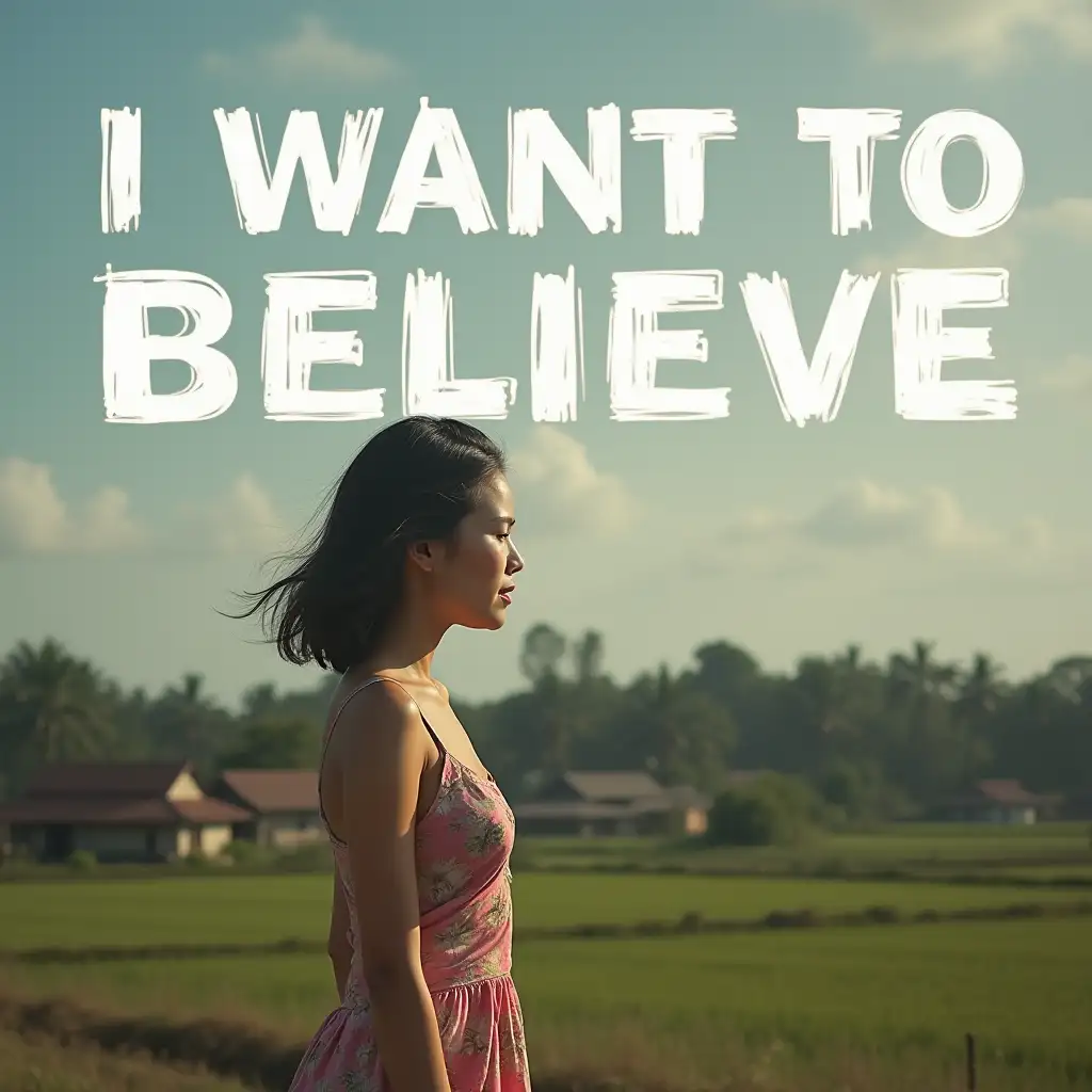 make an image with a beautiful Thai woman in it which has in big block white letters in the sky 'I WANT TO BELIEVE'.  in the background is a Thai village