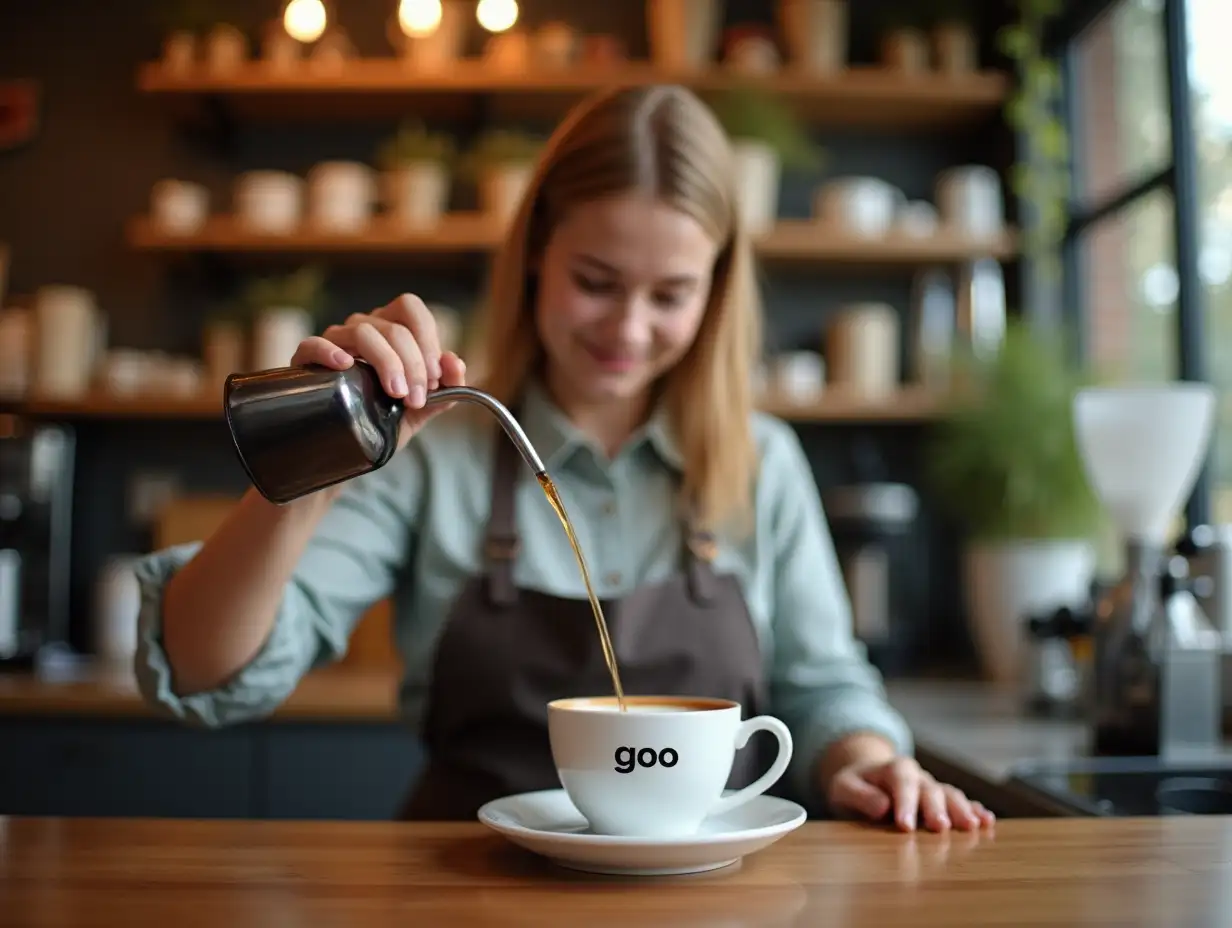 A young female master of a coffee shop is brewing coffee, the scenery around the counter, and the small word 'goo' is placed in the coffee cup at the end.