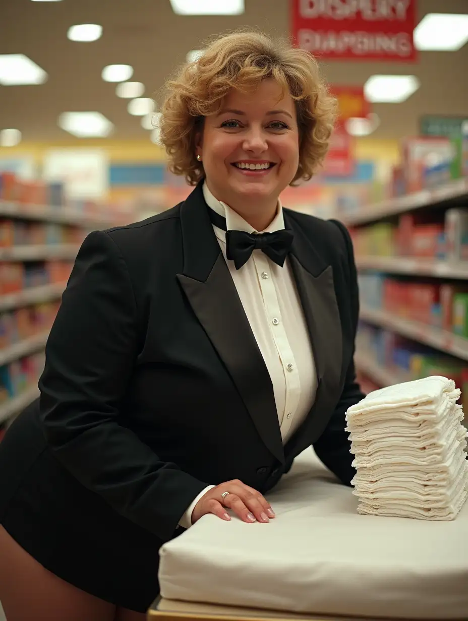 Female-Product-Demonstration-in-Formal-Tuxedo-Holding-Diapers-in-Supermarket