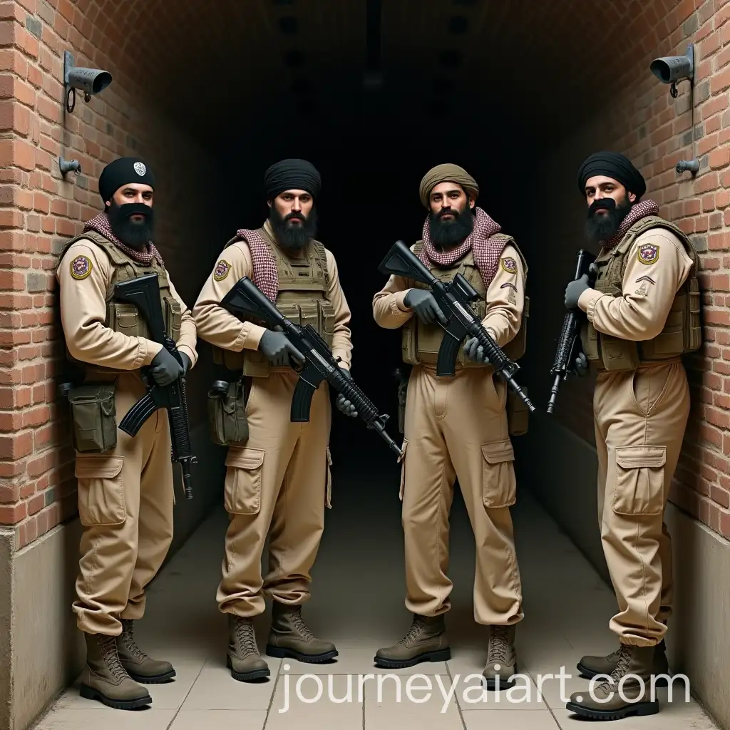 Five-Military-Soldiers-in-Camouflage-with-AK47-Rifles-in-Underground-Bunker
