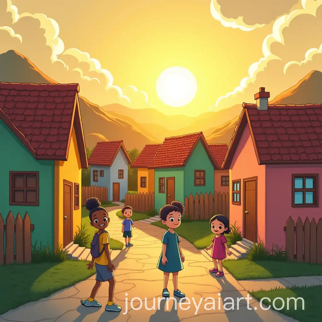 Cheerful-Village-at-Sunset-with-Children-Playing