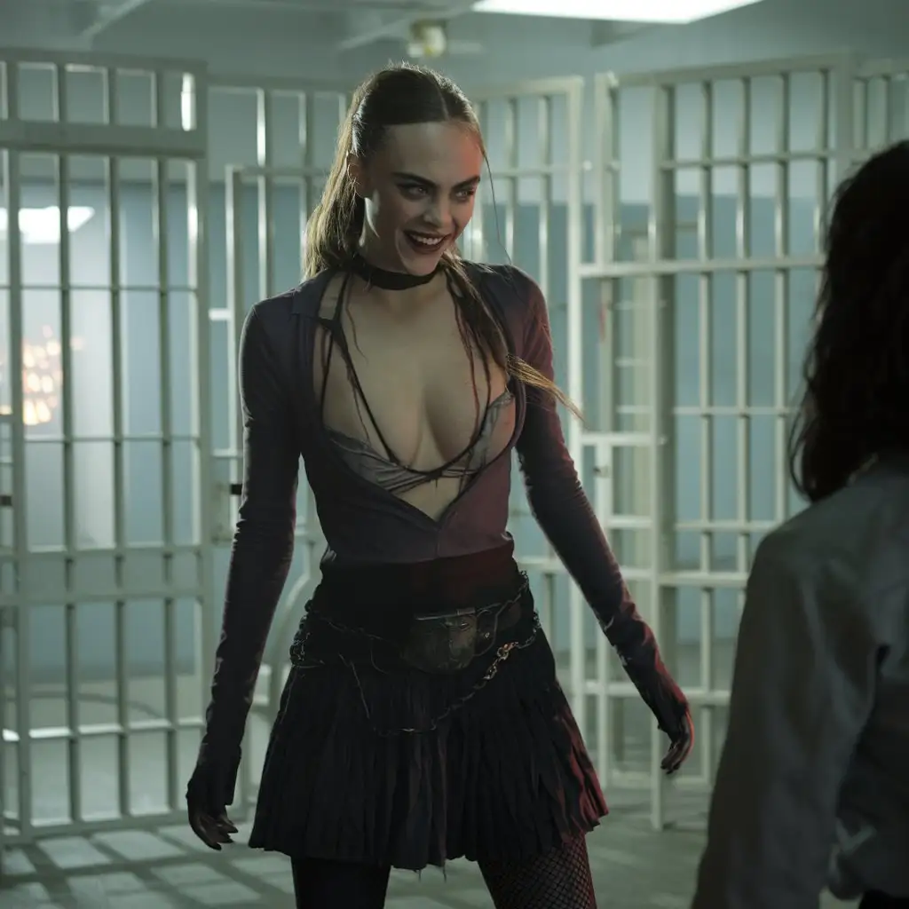 Horror movie. Brightly lit prison room. A very beautiful Cara Delevingne - a maniac  is preparing to torment the victim, evil cruel smile, Deep neckline, miniskirt, standing. An atmosphere of horror and temptation. A sweet dream for the victim. cinematic, photo , 4k