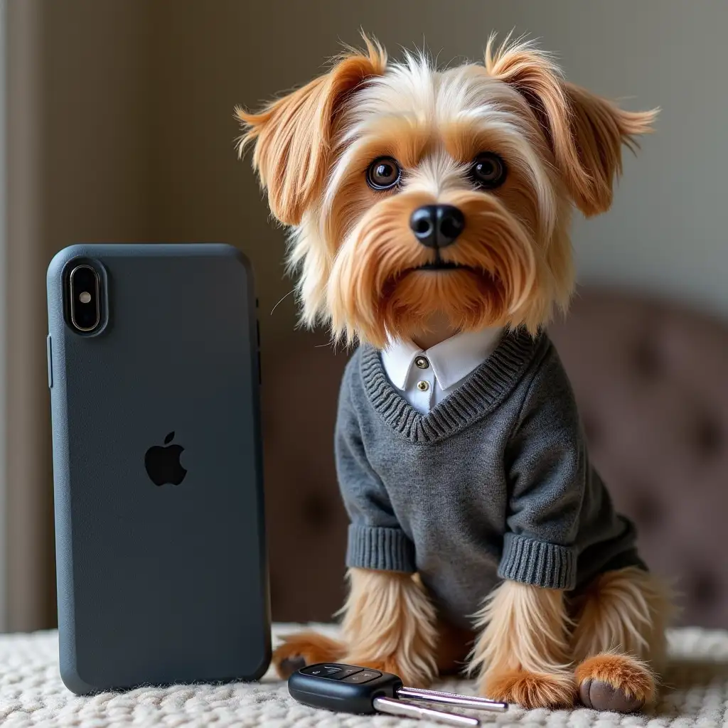 Create a doll of menItems: iPhone, Yorkshire Terrier dog, and Mercedes car keys