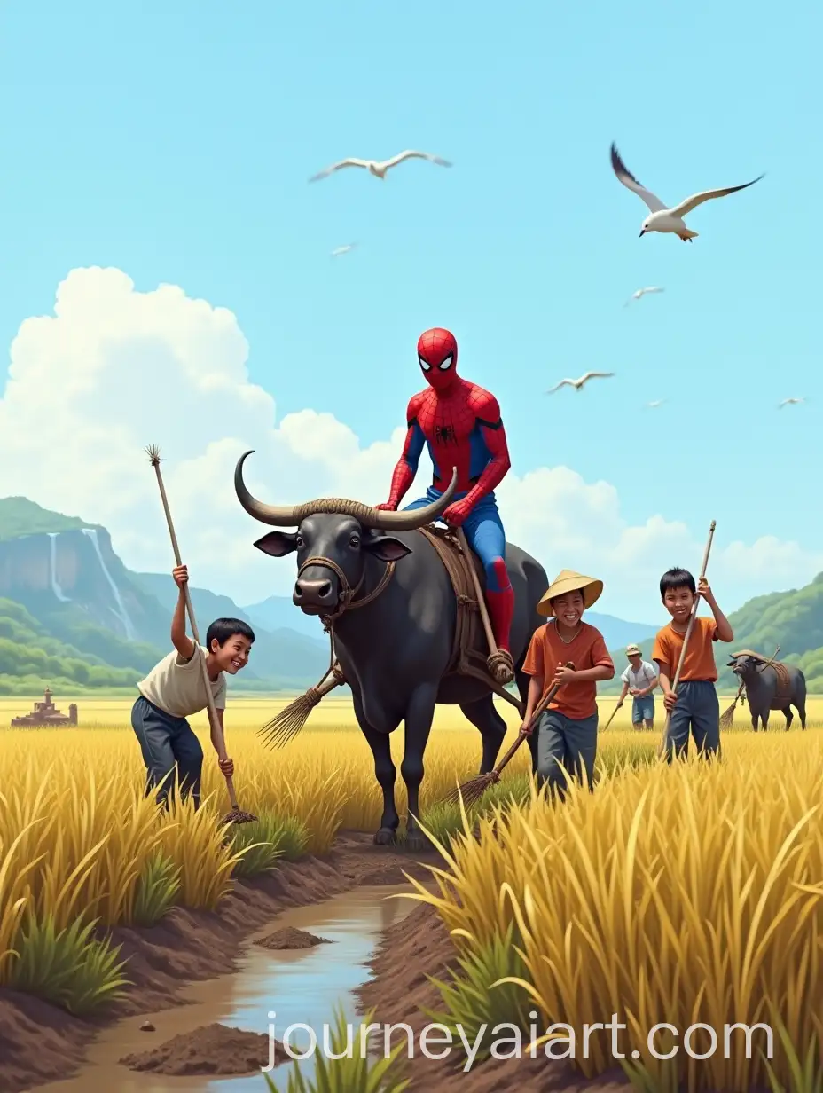 SpiderMan-Plowing-Rice-Field-with-Buffalo-in-Rural-Village