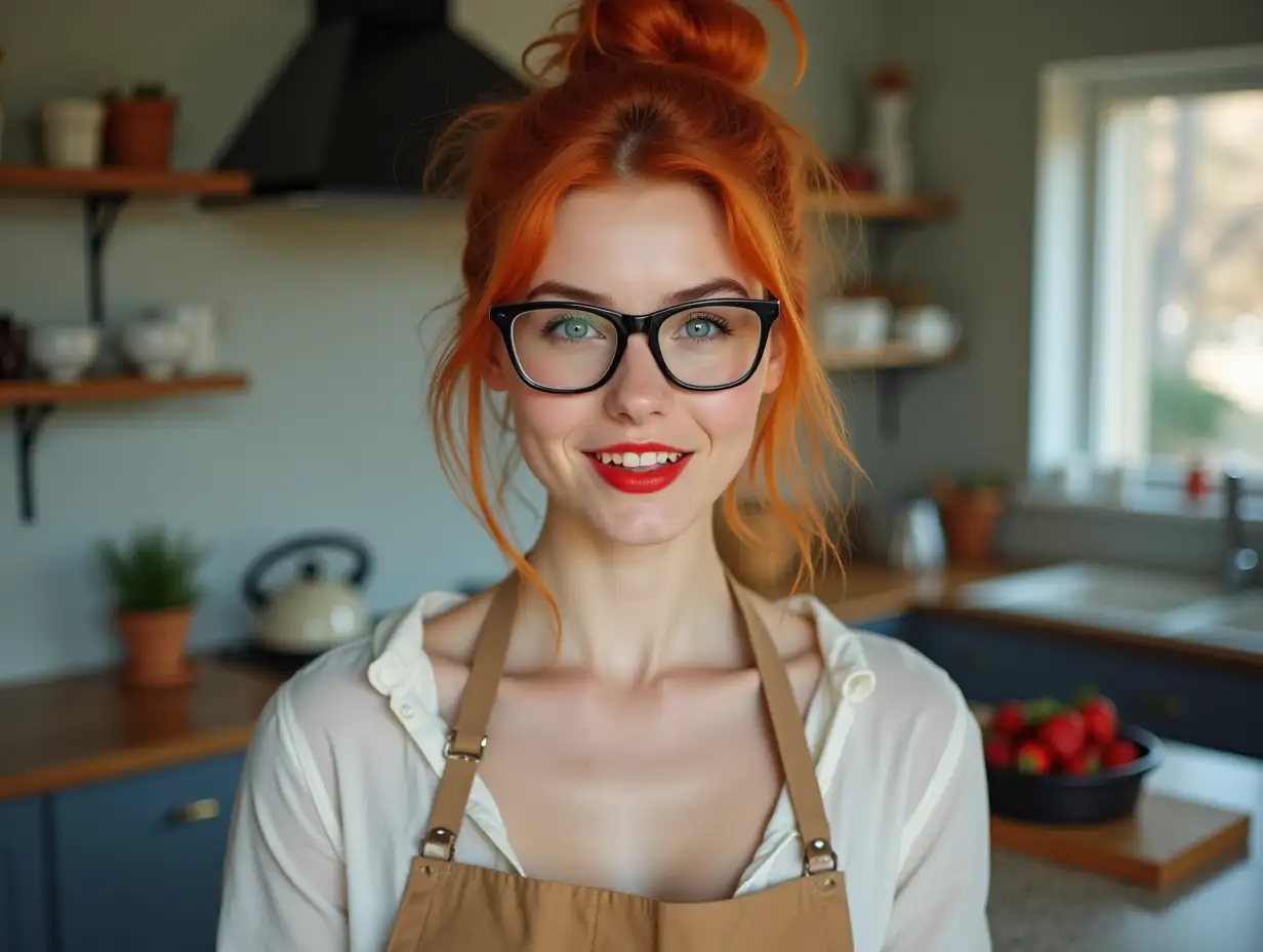 Playful-Student-Cooking-Strawberry-Tart-in-Modern-Kitchen-with-RedOrange-Hair-and-Red-Lipstick