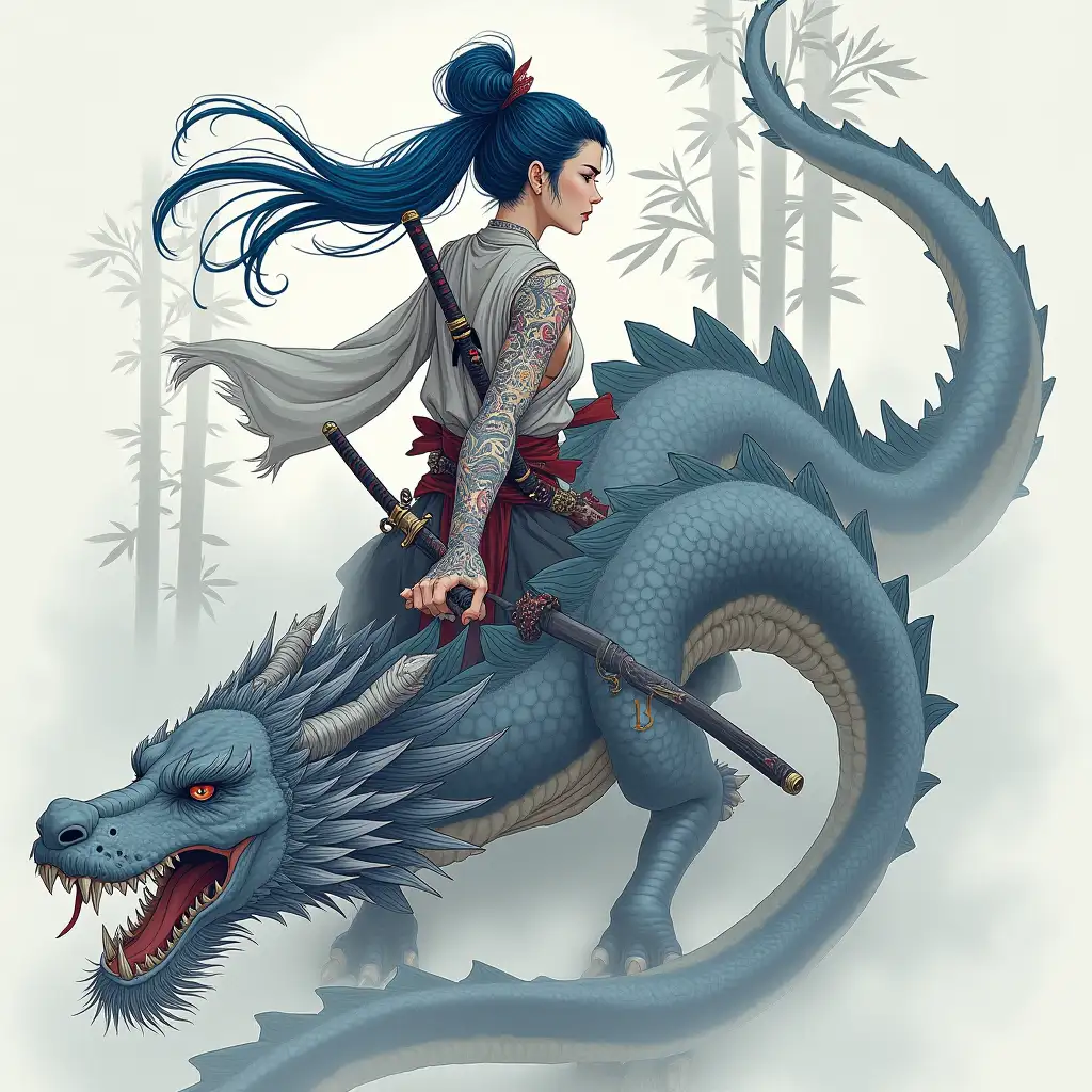 Warrior-Woman-Riding-a-Serpentine-Dragon-in-a-Misty-Sky