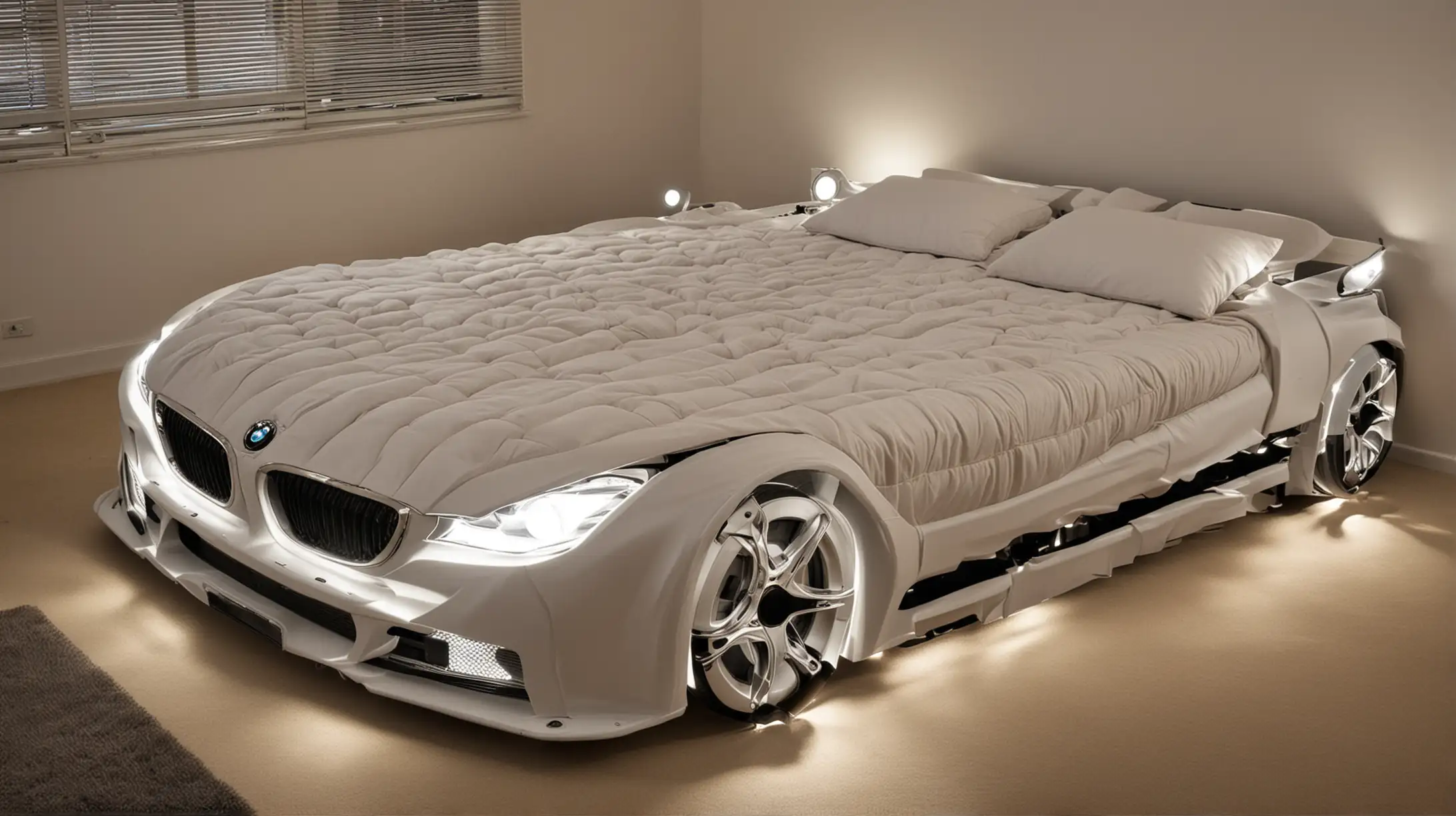 BMW Car Shaped Double Bed with Headlights On