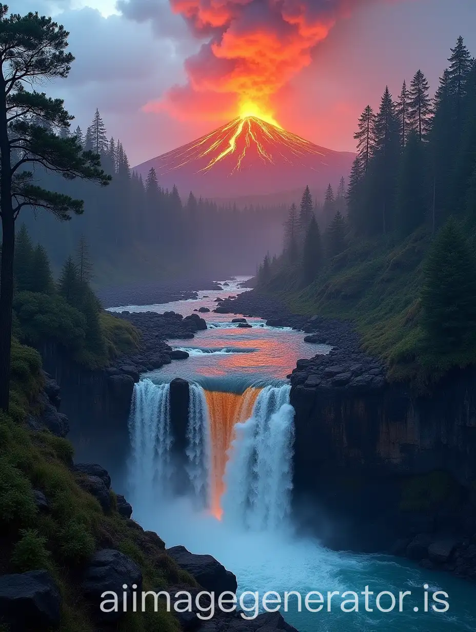 a landscape where volcanoes erupting lava and waterfalls of crystal clear water merge in a forested fusion