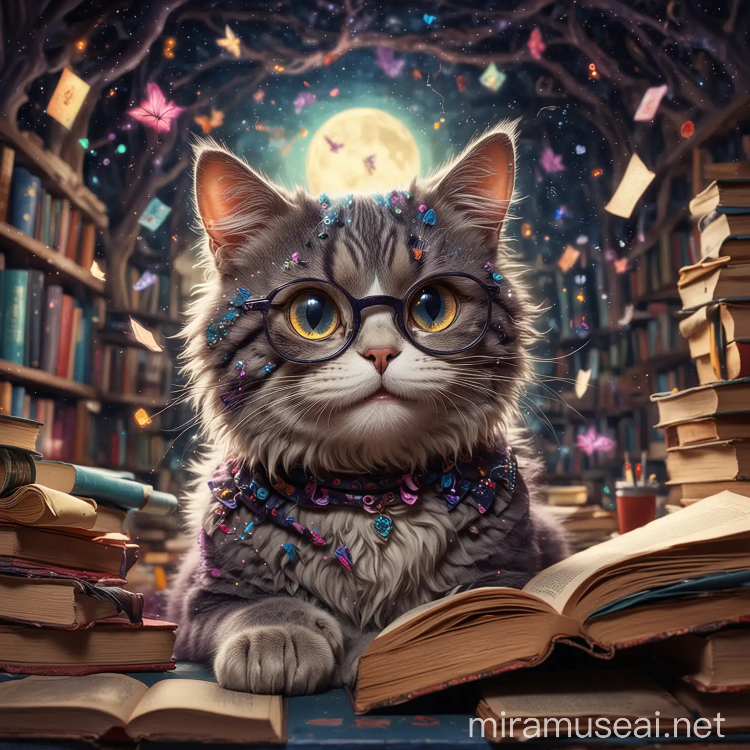 Whimsical Floating Cat with Round Glasses in Dreamlike Classroom